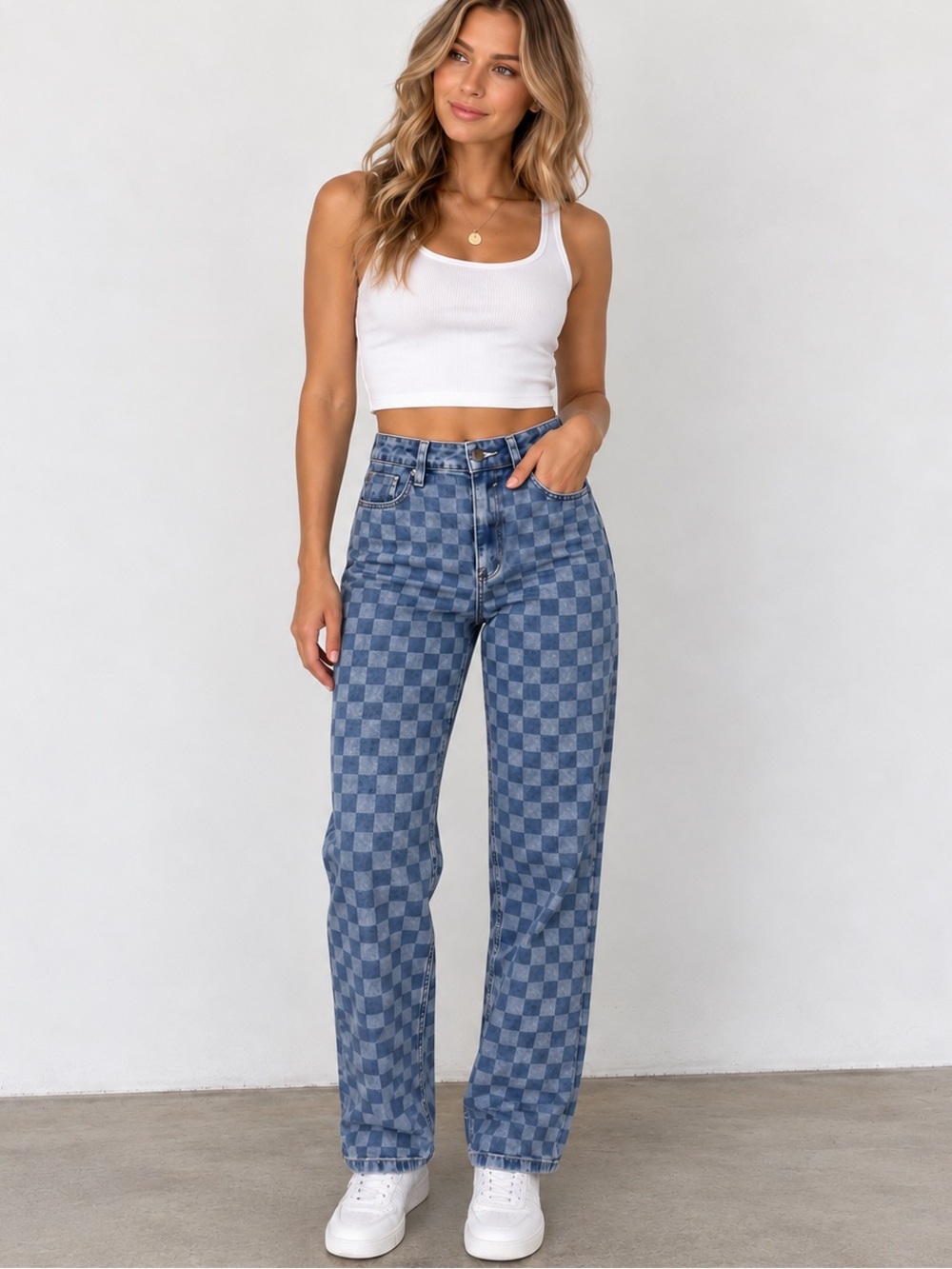 VIGOSS Frankie Checkered Slim Straight Jeans Blue Size 26 Y2K